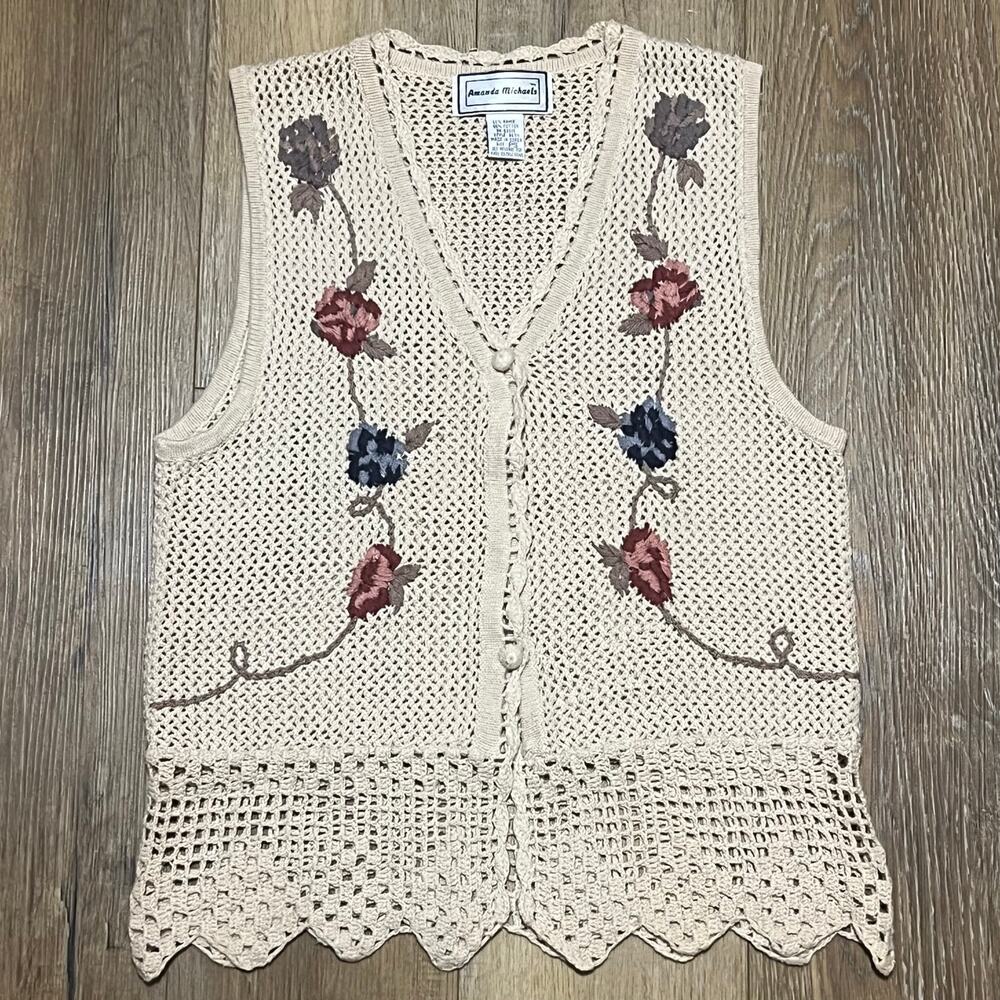 VTG Crochet Knit Floral Boho Vest Small Cream Ramie Cotton Cottagecore Hippie